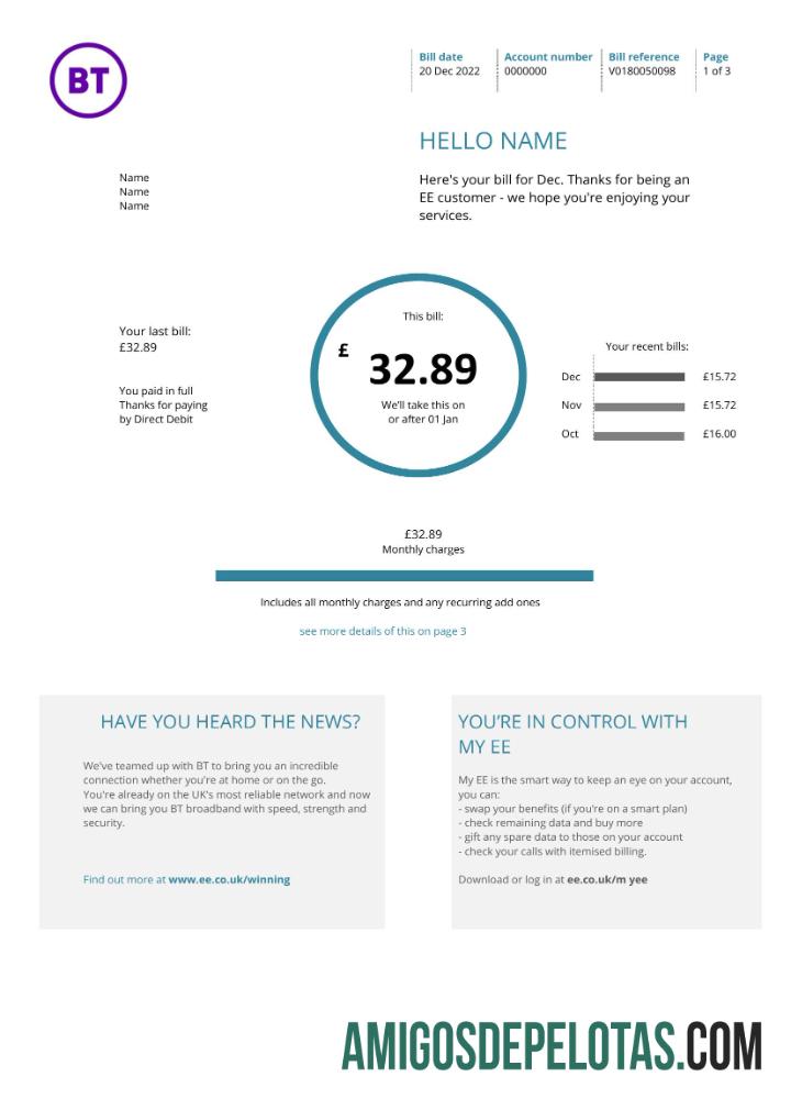Versão 1 (2) da fatura de serviços públicos BT do Reino Unido amostra